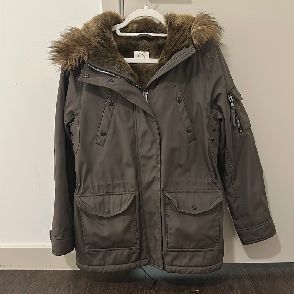 Nordstrom Green Ski Jacket with Fur-Trimmed Hood